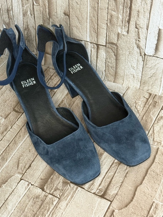 Eileen Fisher Shoes - Eileen Fisher Navy Suede Square-Toe Ankle-Strap Block Heels